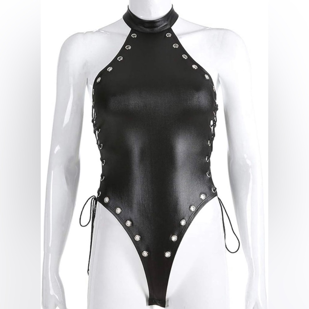 Faux Leather Lace Up Bodysuit - Picture 11 of 14